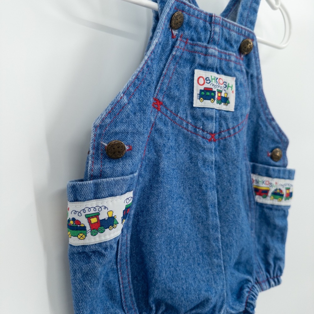 Vintage 90s OshKosh B'gosh Denim Bubble Overalls Baby 12M Train Vestbak Romper - Picture 3 of 10